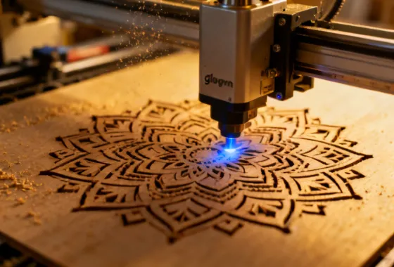Glowforge Aura plus or minus 0.03mm precision laser cutting detail on plywood