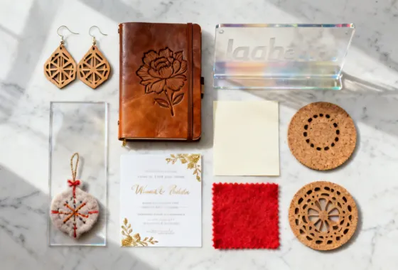 Glowforge Aura works with 15+ material types including wood, leather, acrylic, and paper