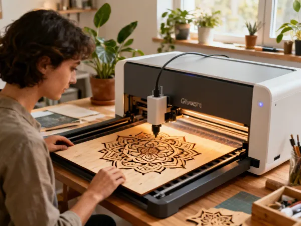 Glowforge Aura desktop craft laser cutter in a home studio
